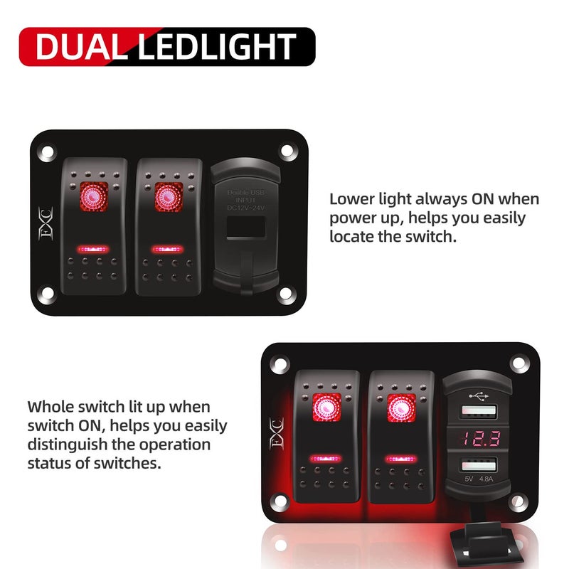 FXC 12V 24V DC 2 Gang Rocker Switch Aluminum Panel with Voltmeter & Dual USB(4.8 A) Fast Charging, Red Backlit Led, Pre-Wired Waterproof for Marine, Boat, Car, Truck, Polaris, Jeep (Red) - Image 2