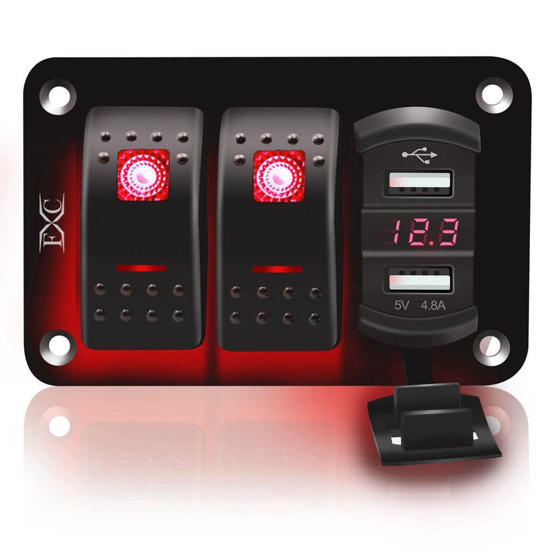 FXC 12V 24V DC 2 Gang Rocker Switch Aluminum Panel with Voltmeter & Dual USB(4.8 A) Fast Charging, Red Backlit Led, Pre-Wired Waterproof for Marine, Boat, Car, Truck, Polaris, Jeep (Red) - Image 1