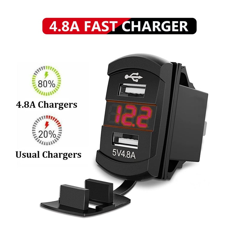 FXC 12V 24V DC 2 Gang Rocker Switch Aluminum Panel with Voltmeter & Dual USB(4.8 A) Fast Charging, Red Backlit Led, Pre-Wired Waterproof for Marine, Boat, Car, Truck, Polaris, Jeep (Red) - Image 3