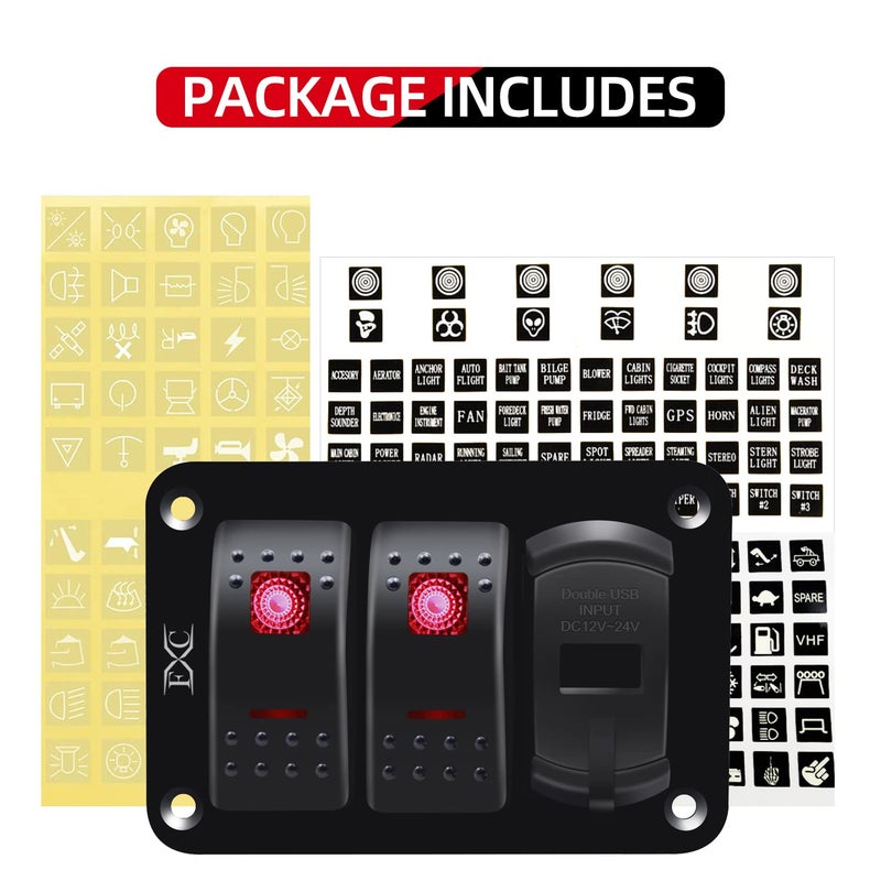 FXC 12V 24V DC 2 Gang Rocker Switch Aluminum Panel with Voltmeter & Dual USB(4.8 A) Fast Charging, Red Backlit Led, Pre-Wired Waterproof for Marine, Boat, Car, Truck, Polaris, Jeep (Red) - Image 4