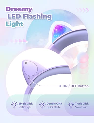 iClever سماعات iClever للأطفال مع أضواء LED على شكل آذان قطة، سماعات سلكية بحد أقصى آمن للصوت مع سماعات قابلة للطي FunShare فوق الأذن للأطفال/المدرسة/iPad/اللوحة/السفر، مياو دونات-بنفسجي - Image 2