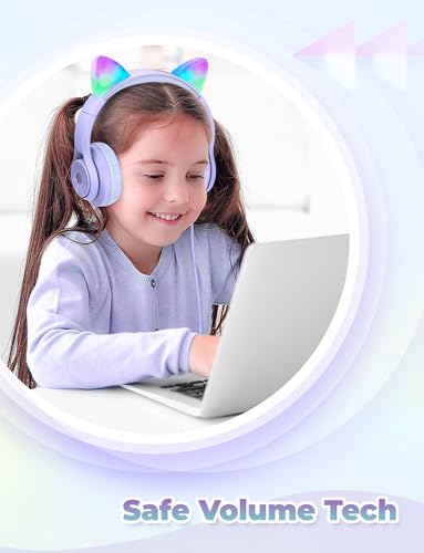 iClever سماعات iClever للأطفال مع أضواء LED على شكل آذان قطة، سماعات سلكية بحد أقصى آمن للصوت مع سماعات قابلة للطي FunShare فوق الأذن للأطفال/المدرسة/iPad/اللوحة/السفر، مياو دونات-بنفسجي - Image 4