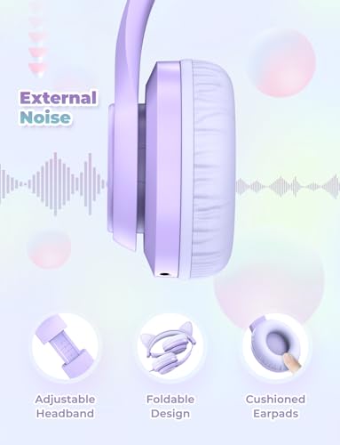iClever سماعات iClever للأطفال مع أضواء LED على شكل آذان قطة، سماعات سلكية بحد أقصى آمن للصوت مع سماعات قابلة للطي FunShare فوق الأذن للأطفال/المدرسة/iPad/اللوحة/السفر، مياو دونات-بنفسجي - Image 5