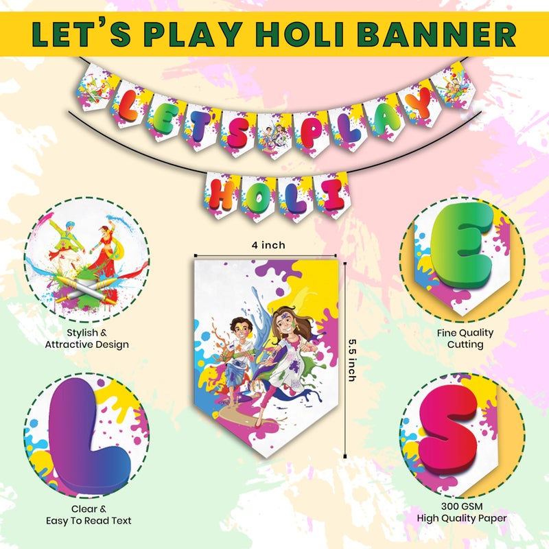1iAM Happy Holi Decoration Items | 1pc 13.6X10.3cm "LET'S PLAY HOLI" 300gsm Printed Paper Banner for Celebration of 14th March in Home, Office, Club, Schools, Collage, Restaurant, Apartment Decoration - Image 5