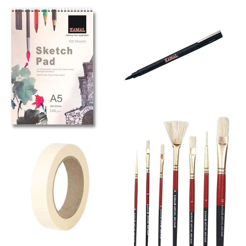 KAMAL Artist Quality Mix Hog Hair Brush Set Combo with A5 Sketch Pad, Masking Tape and Fine Liner Pen for Acrylic Painting, Oil Painting, Modern Art Painting - Image 1