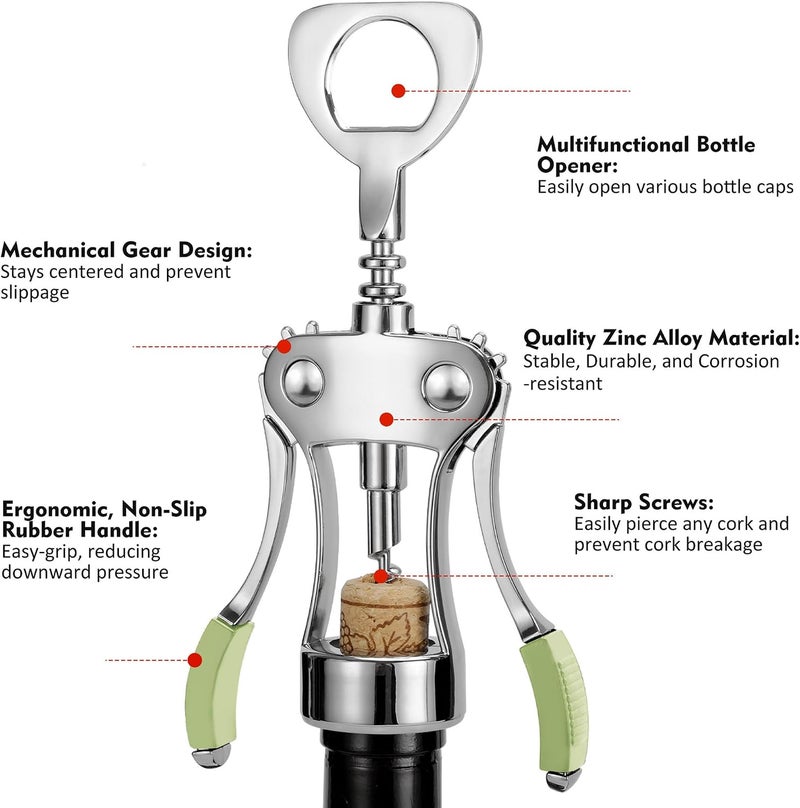 KORCCI Wine Opener, Wine Bottle Opener, Zinc Alloy Wing Corkscrew Heavy Duty, Cork Screw Beer Opener for Bartenders, Multifunctional Bottle Opener for Home Kitchen, Restaurant, Bar, Waiters - Image 2