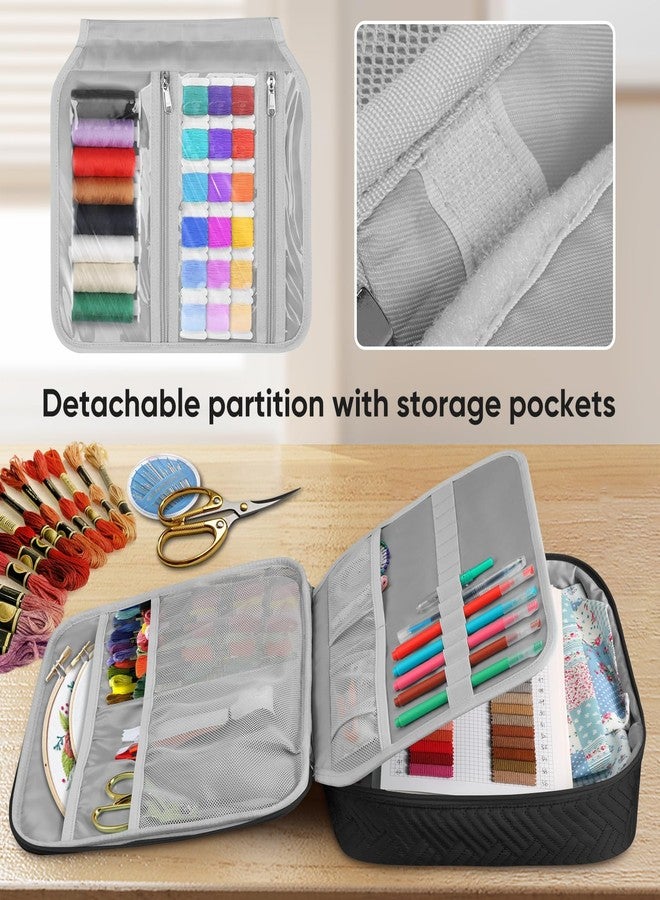 FINPAC Embroidery Bag, Cross Stitch Storage, Square Quilted Tote Organizer with Multiple Pockets for Floss, Hoops, Thread, Stitch Tools Kit [Bag Only], Black - Image 3