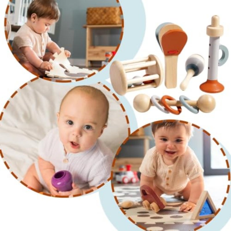 Montessori Wooden Toys for Baby, Baby Rattle Toy Set, 5-Piece Wooden Musical Instrument Toys for Babies - Image 4