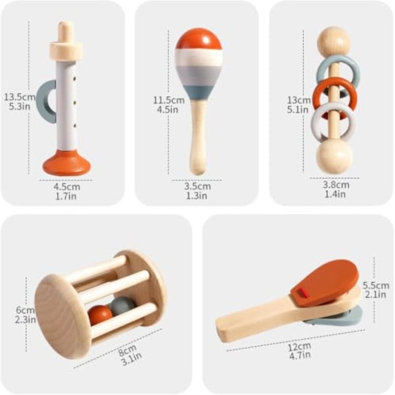 Montessori Wooden Toys for Baby, Baby Rattle Toy Set, 5-Piece Wooden Musical Instrument Toys for Babies - Image 5