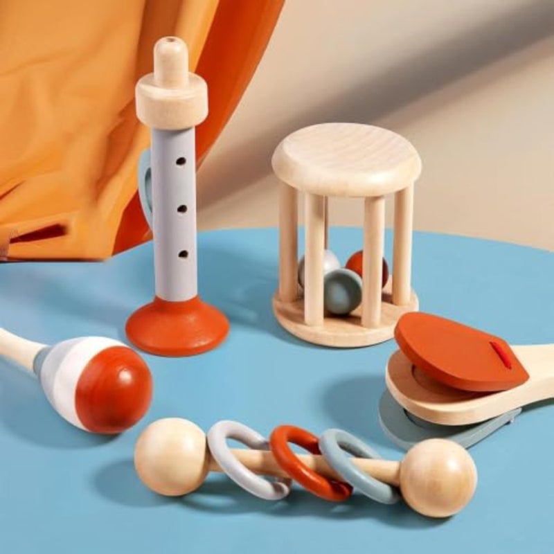 Montessori Wooden Toys for Baby, Baby Rattle Toy Set, 5-Piece Wooden Musical Instrument Toys for Babies - Image 2