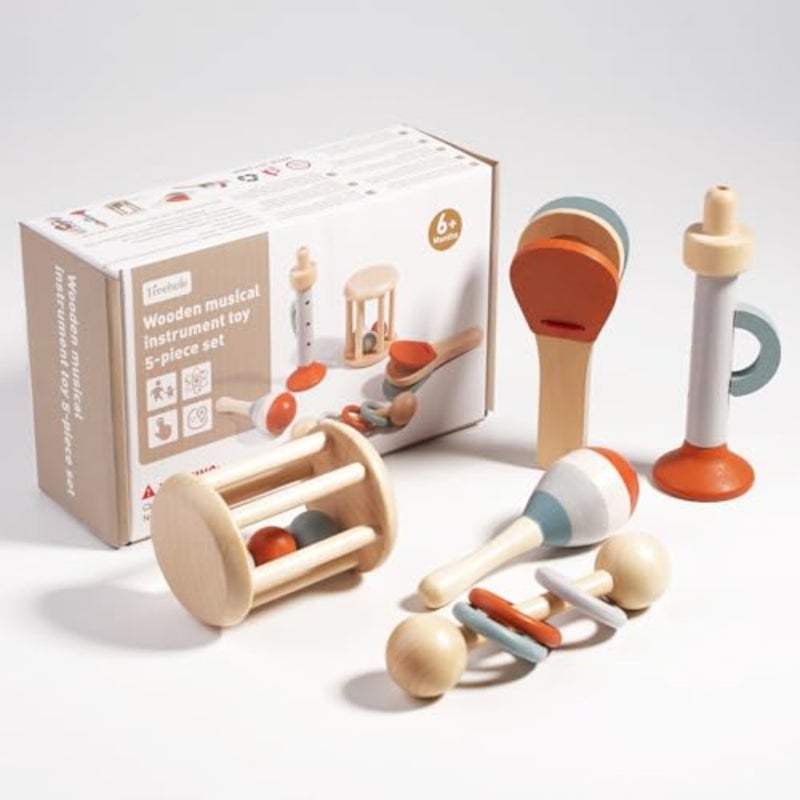 Montessori Wooden Toys for Baby, Baby Rattle Toy Set, 5-Piece Wooden Musical Instrument Toys for Babies - Image 1