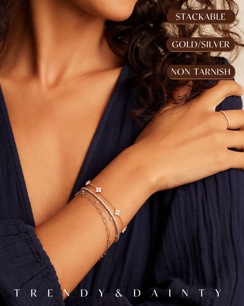 FUNEIA Dainty Silver Gold Bracelets for Women Trendy Non Tarnish 14K Gold Plated Waterproof Diamond Bracelets Cute Stackable Heart Butterfly Clover Cross Evil Eye Charm Bracelet Stack Jewelry Gifts - Image 3