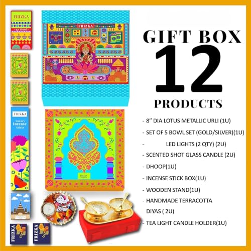 Frizka Gift Box | 12 Premium Products | Urli, Candles, Dhoop, Incense Stick, Diya's, Silver Bowl | Luxury Hamper for Family, Friends & Corporate Gifting, Birthday, Wedding Hamper, Wedding - Image 2