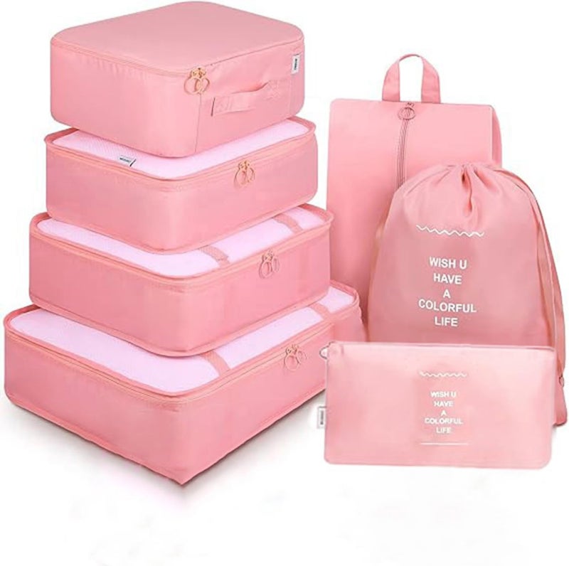 7pcs pouche Set Travel Organizer Packing Cubes Lightweight Travel Luggage Organizers with Laundry Bag or Toiletry Bag Laundry Organiser (7 PCS, Pink)