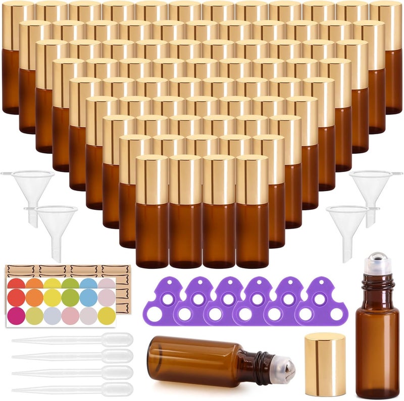 Easytle 96 Pack Essential Oil Roller Bottles, Amber Glass Roller Bottles 5ml, Roller Balls for Essential Oils, Roll on Bottles with Gold Caps (384 Pieces Labels, 16 Funnels, 16 Dropper, 8 Opener) 