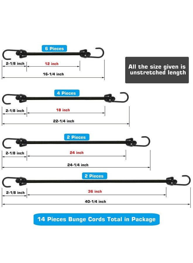 Joneaz Small Bungee Cords with Hooks Assorted Size of 12 inch, 18 inch,24 inch and 36 inch Length, Marine Grade Dip Coating Metal Hooks Without Sharp End, 1/4 inch Diameter Rubber Bungee Cord - Image 1