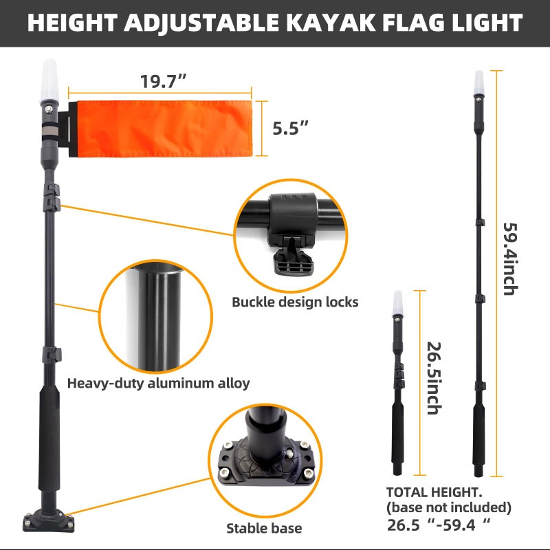Xprite Kayak Safety Flag with 360Â° LED Light, Telescoping Orange Flag Pole, Battery Powered Navigation Lights for Night Kayaking, Fishing, Canoeing, Boating & Paddling - Image 5