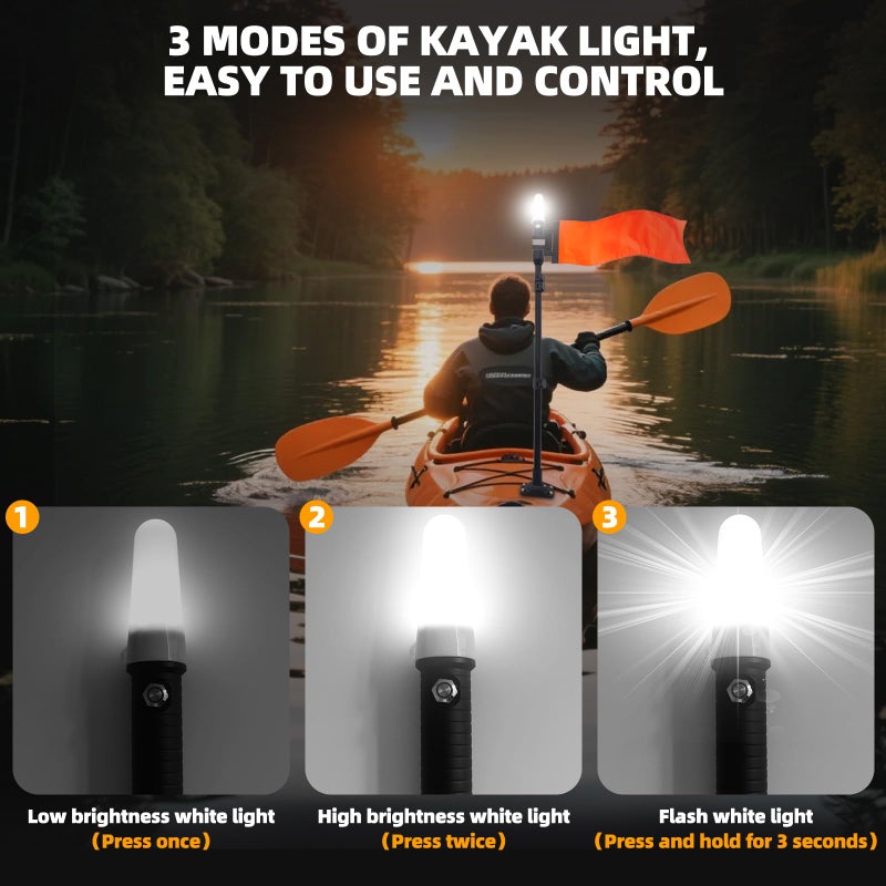 Xprite Kayak Safety Flag with 360Â° LED Light, Telescoping Orange Flag Pole, Battery Powered Navigation Lights for Night Kayaking, Fishing, Canoeing, Boating & Paddling - Image 3