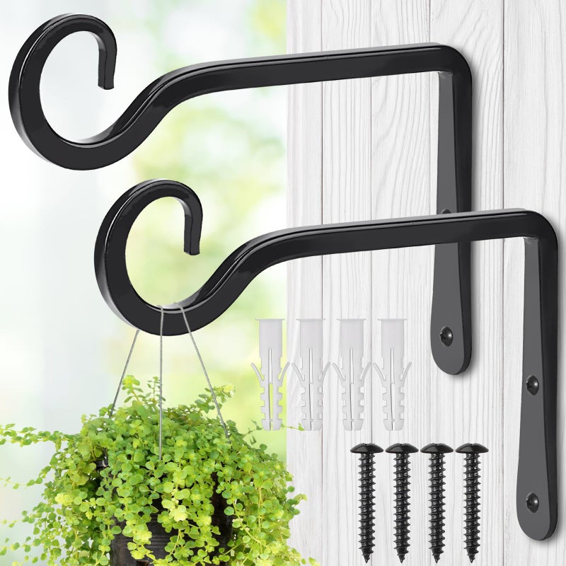MOWPOG Plant Hangers Outdoor, 2 Pack 6 Inch Hanging Plant Bracket, Metal Hanging Plant Hooks, Wall Hooks for Hanging Plants, Bird Feeder, Flower Basket, Wind Chimes, Indoor Outdoor (Black) - Image 1