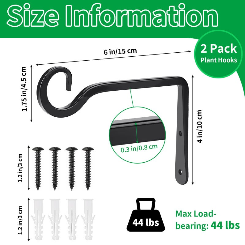 MOWPOG Plant Hangers Outdoor, 2 Pack 6 Inch Hanging Plant Bracket, Metal Hanging Plant Hooks, Wall Hooks for Hanging Plants, Bird Feeder, Flower Basket, Wind Chimes, Indoor Outdoor (Black) - Image 2