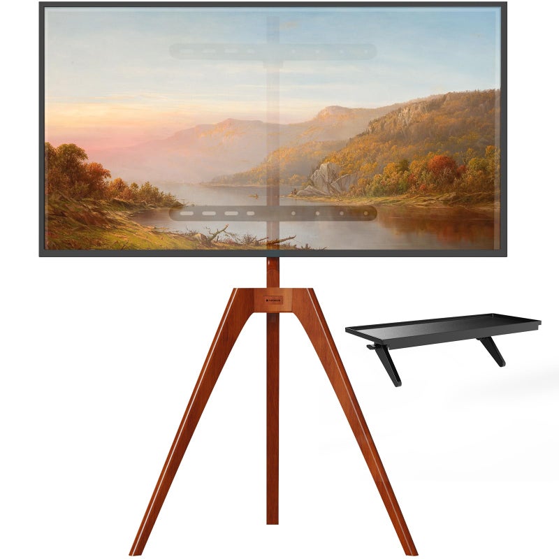 PUTORSEN حامل تلفاز خشبي متميز من PUTORSEN، حامل ثلاثي قابل للتعديل لشاشات LED LCD بحجم 45-65 بوصة، مع رف علوي للتلفاز وإدارة كابلات مغناطيسية مخفية، أقصى وزن 88 رطل، جوزي - Image 1