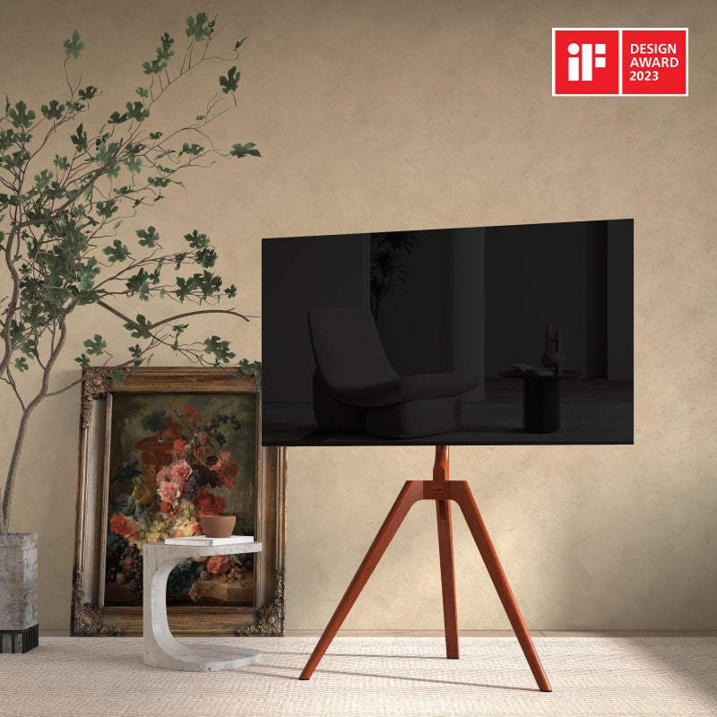 PUTORSEN حامل تلفاز خشبي متميز من PUTORSEN، حامل ثلاثي قابل للتعديل لشاشات LED LCD بحجم 45-65 بوصة، مع رف علوي للتلفاز وإدارة كابلات مغناطيسية مخفية، أقصى وزن 88 رطل، جوزي - Image 2