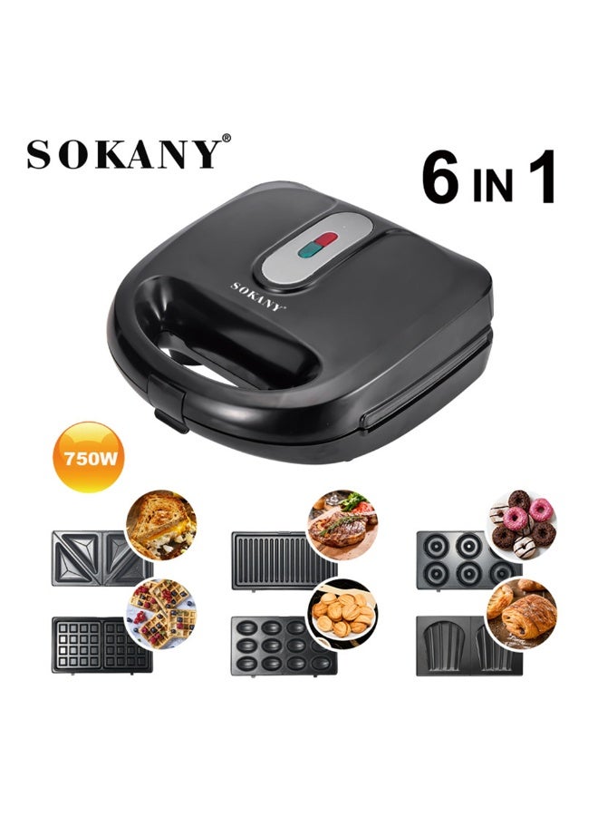 سوكاني صانعة الساندوتشات الكهربائية بقدرة 750 وات 6 في 1، الدونات والمكسرات والفطائر والأصداف والسندويشات والخبز المحمص وشرائح اللحم المشوية، طبق كبير غير لاصق قابل للإزالة، SK-908 أسود - Image 1