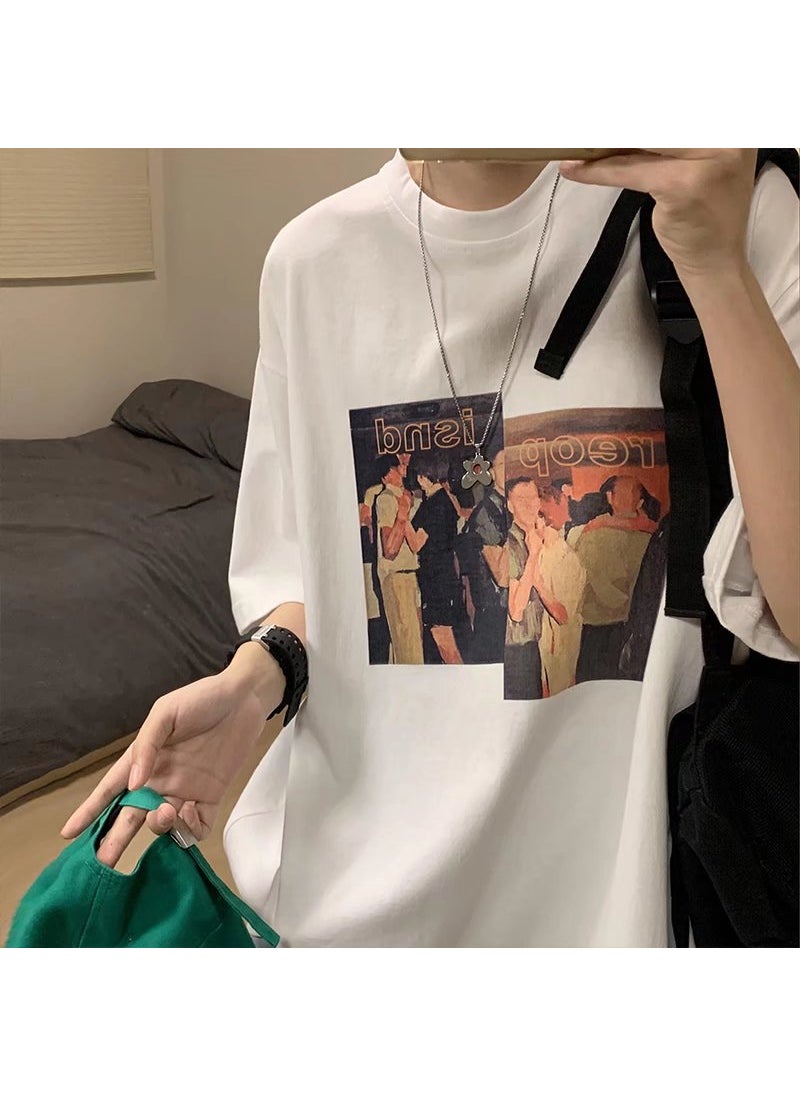Generic - American Style Vintage Short Sleeve T-Shirt For Men Ins Trendy Brand Versatile Hip Hop Clothing Loose Fit Summer Student T-Shirt White - Image 1