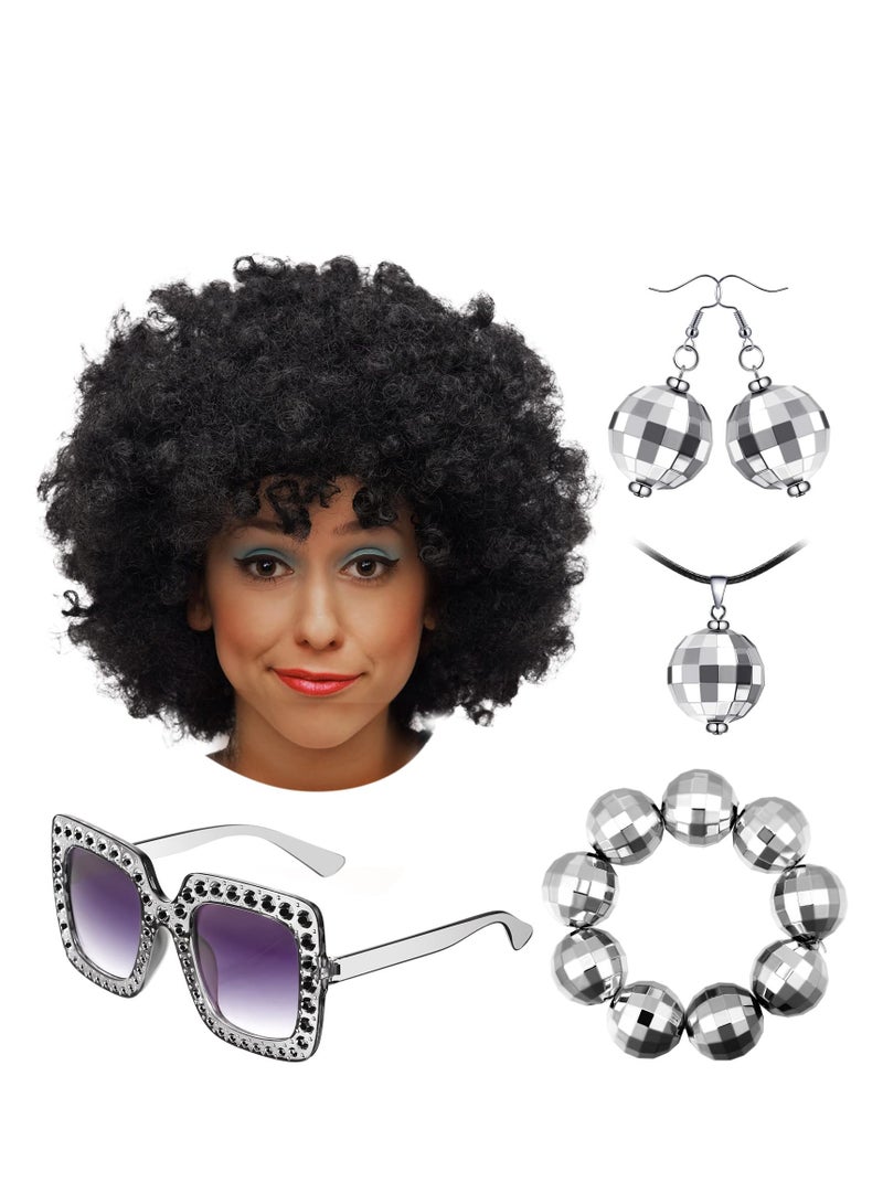 KASTWAVE 1970s Disco Accessories Disco Set, 5 Pcs Disco Costumes Set, Afro Wig Disco Ball Earrings Necklace Bracelet and Sunglasses for Women Daily (Black + Silver) - Image 1