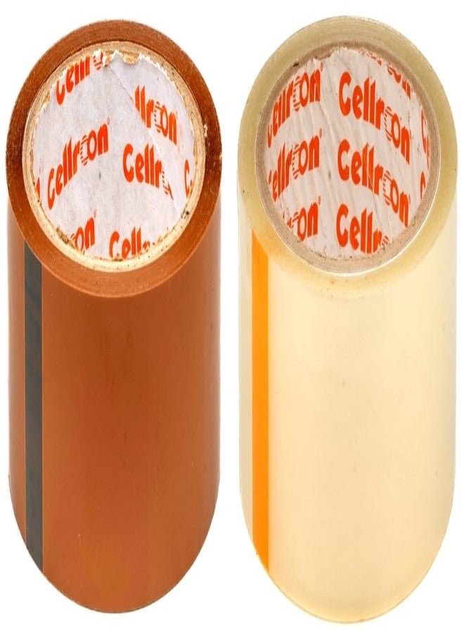 Cellroon Transparent & Brown cello tape (2inch / 65meters) it is use for Office task's, craft and DIY Projects, Packaging and Shipping | Quick Fixes, Cost-Effective, Versatility (pack of 2) - Image 1