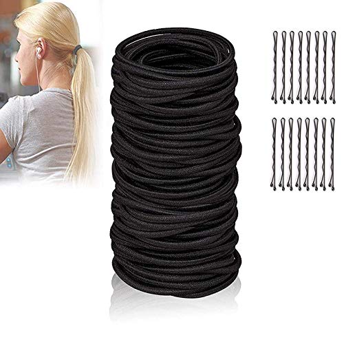 Belicia 100Pcs Black Hair Ties with Bobby Pins No Crease Hair Ties for Women No Metal Hair Bands Ponytail Holders for Womens Hair Rubber Bands for Thick Straight Curly Hair - Image 1