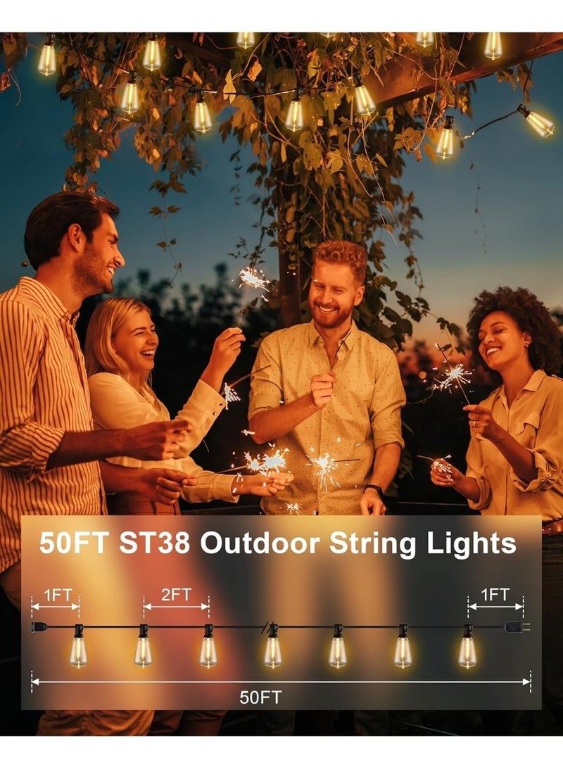 Arabest Outdoor String Lights - 50FT LED Patio Lights with 27 Shatterproof Waterproof Bulbs, Connectable Dimmable Edison IP65 ST38 Outside Lights for Garden, Balcony, Porch, Backyard, Deck, Home Decor - Image 2