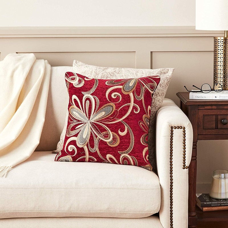 Violet Linen Chenille Chateau Vintage Floral Design 18" X 18" Decorative Cushion Cover, Color Burgundy - Image 3