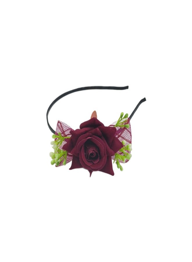 Fairytale Elegant Velvet Rose Hair Band with Mesh Netting, Floral Design Headband for Girls, Black Band with Artificial Flowers (Maroon) - Image 1