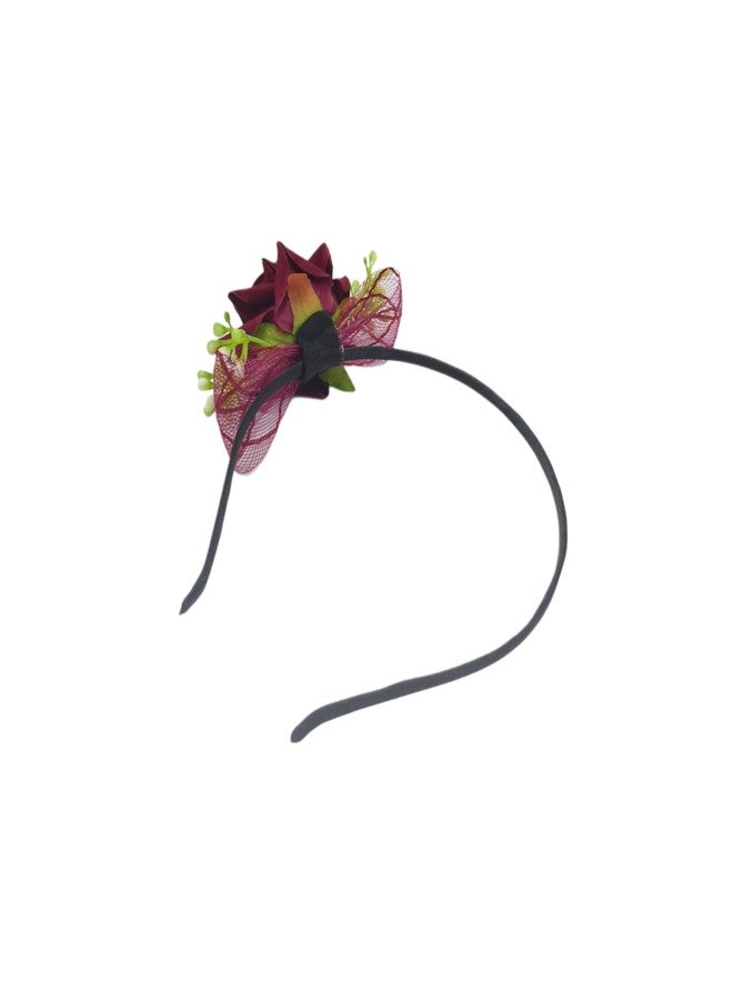 Fairytale Elegant Velvet Rose Hair Band with Mesh Netting, Floral Design Headband for Girls, Black Band with Artificial Flowers (Maroon) - Image 2