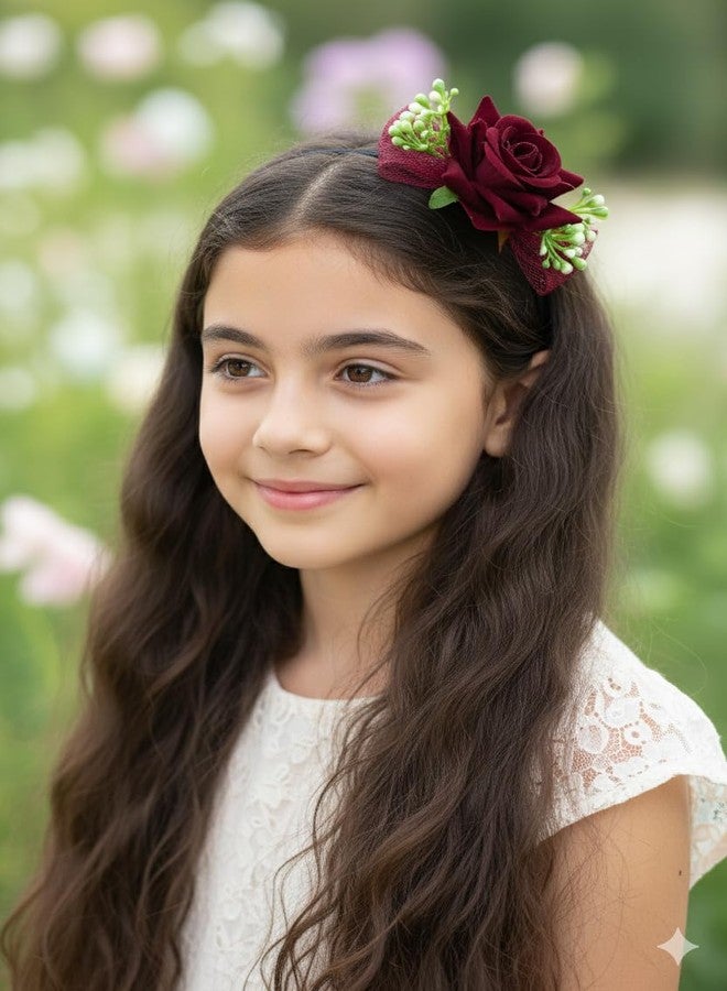 Fairytale Elegant Velvet Rose Hair Band with Mesh Netting, Floral Design Headband for Girls, Black Band with Artificial Flowers (Maroon) - Image 3