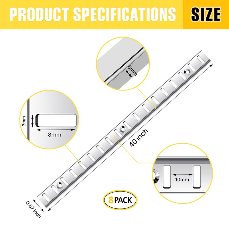 Hardow Adjustable Shelf Bracket 40 Inch 8 Pack Silver Shelf Pilaster Strips Shelf Rail Shelf Track Adjustable Wall Shelves Shelf Standards and Supports for Cabinet Closet Organization - Image 2