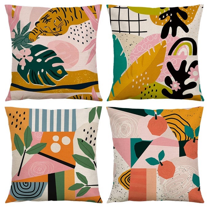 BOHO ABSTRACT PILLOW COVERS 18X 18 SET OF 4 TIGER TROPICAL LEAVES APPLE GEOMETRIC LINEN CUSHION CASESMINIMALISM RUSTIC HOME DECOR FOR OUTDOOR SOFA BEDROOM CARPINK
