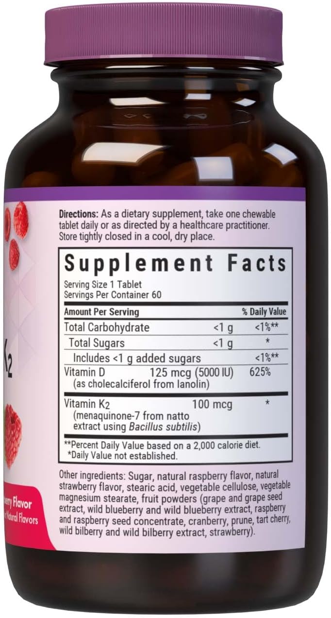 Bluebonnet Nutrition Vitamin D3  K2 EarthSweet Chewable Tablets for Immune Mood  Heart Health SoyFree GlutenFree NonGMO Kosher Dairy 60 Raspberry Flavor Chewable Tablets 60 Servings - Image 2