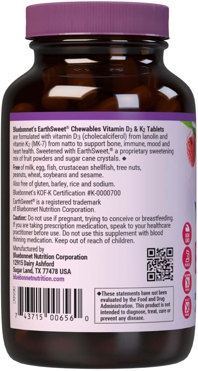 Bluebonnet Nutrition Vitamin D3  K2 EarthSweet Chewable Tablets for Immune Mood  Heart Health SoyFree GlutenFree NonGMO Kosher Dairy 60 Raspberry Flavor Chewable Tablets 60 Servings - Image 3