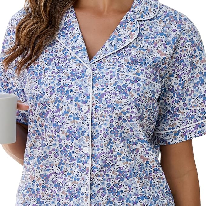 LUBOT 100% Cotton Women's Pajamas Set Short Sleeve Button-Down Shirt PJ Two-piece Set Printed Patterned Summer Night Suit Sleepwear Loungewear (Berry, M) - Image 4