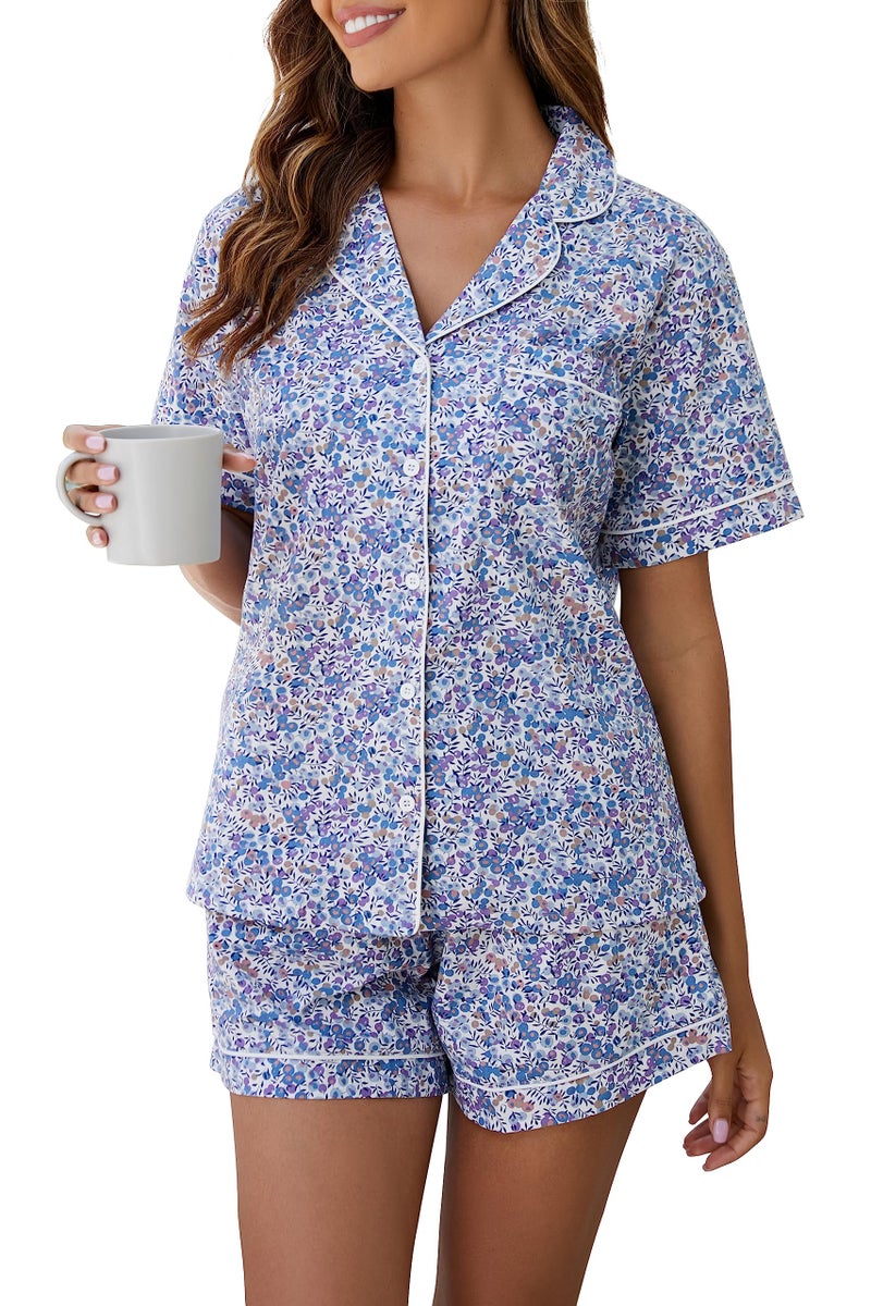 LUBOT 100% Cotton Women's Pajamas Set Short Sleeve Button-Down Shirt PJ Two-piece Set Printed Patterned Summer Night Suit Sleepwear Loungewear (Berry, M) - Image 1