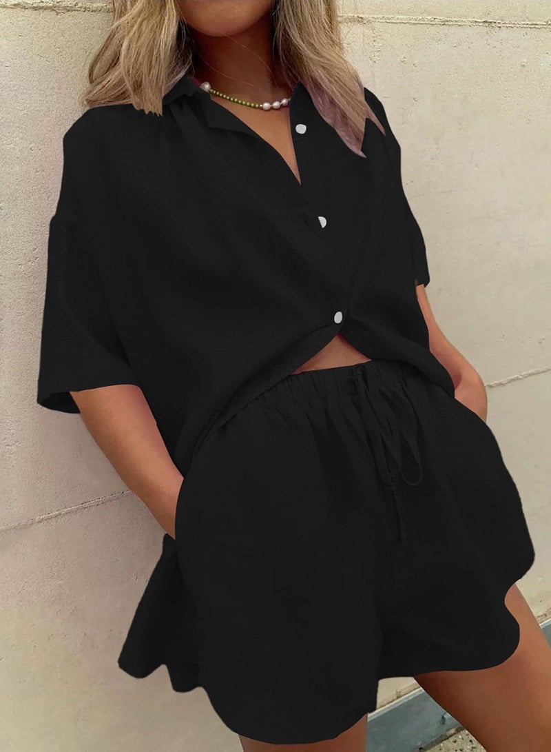 Fixmatti Summer Sets Women 2 Piece Outfits Sets Short Sleeve Button Shirt High Waist Shorts Y2k Loungewear Black M - Image 4