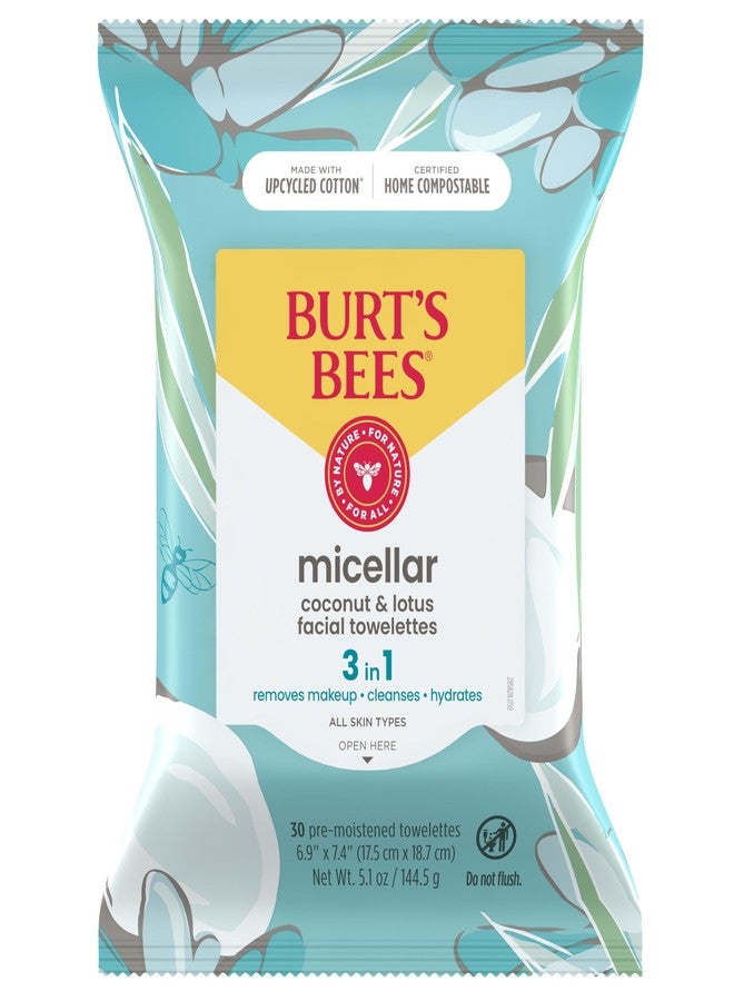 Burt's Bees Micellar Facial Towelettes With Coconut and Lotus, Pre-Moistened Towelettes for All Skin Types, 99.5 Percent Natural Origin Skin Care, 30 ct. Package - Image 1