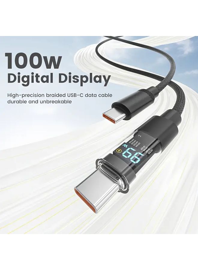 كابل شحن USB-C سريع جدًا بقوة 100 واط كحد أقصى، مع شاشة رقمية ونقل بيانات بتقنية PD، طول 200 سم باللون الأسود، متوافق مع iPhone 16 و15 وAir وPro وiPad. - Image 1