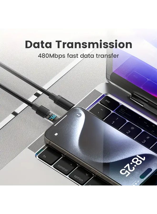 كابل شحن USB-C سريع جدًا بقوة 100 واط كحد أقصى، مع شاشة رقمية ونقل بيانات بتقنية PD، طول 200 سم باللون الأسود، متوافق مع iPhone 16 و15 وAir وPro وiPad. - Image 5