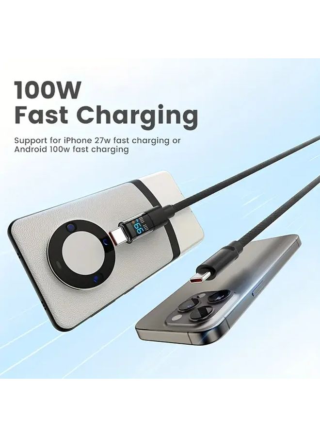 كابل شحن USB-C سريع جدًا بقوة 100 واط كحد أقصى، مع شاشة رقمية ونقل بيانات بتقنية PD، طول 200 سم باللون الأسود، متوافق مع iPhone 16 و15 وAir وPro وiPad. - Image 3