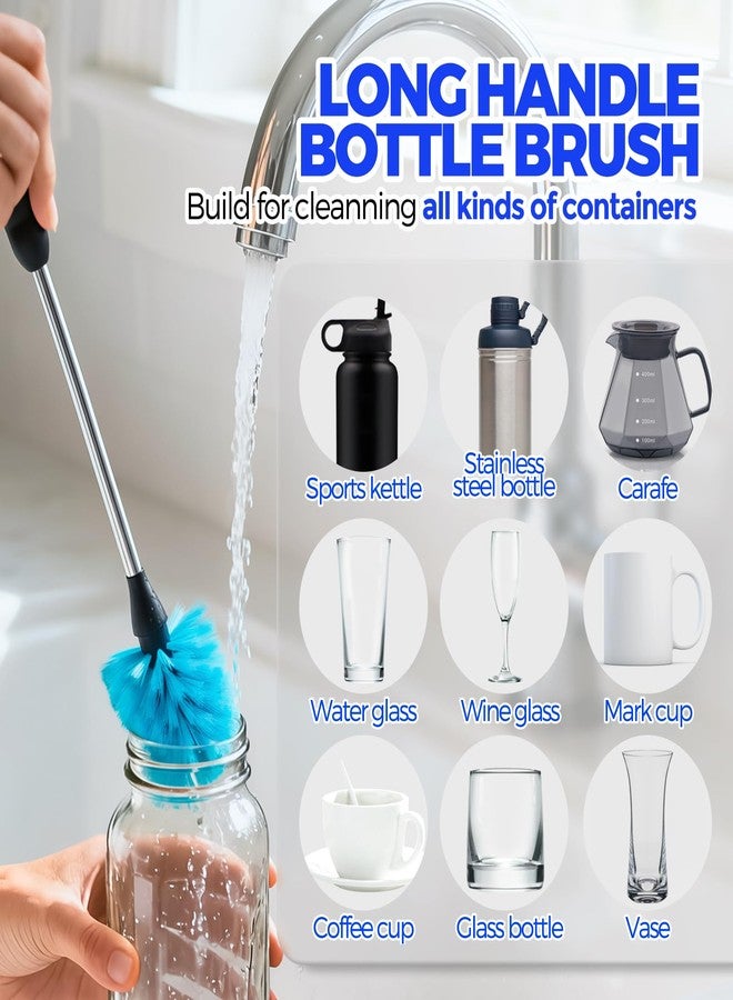 Holikme 6 Pack Bottle Brush Set, 14.5" Long Handle Stainless Steel Bottle Cleaner Brush, Long-Handled 6-in-1 Stainless Steel Bottle Brushes for Water Bottle, Cups, Abrasive Wheel Brushes, Blue - Image 2