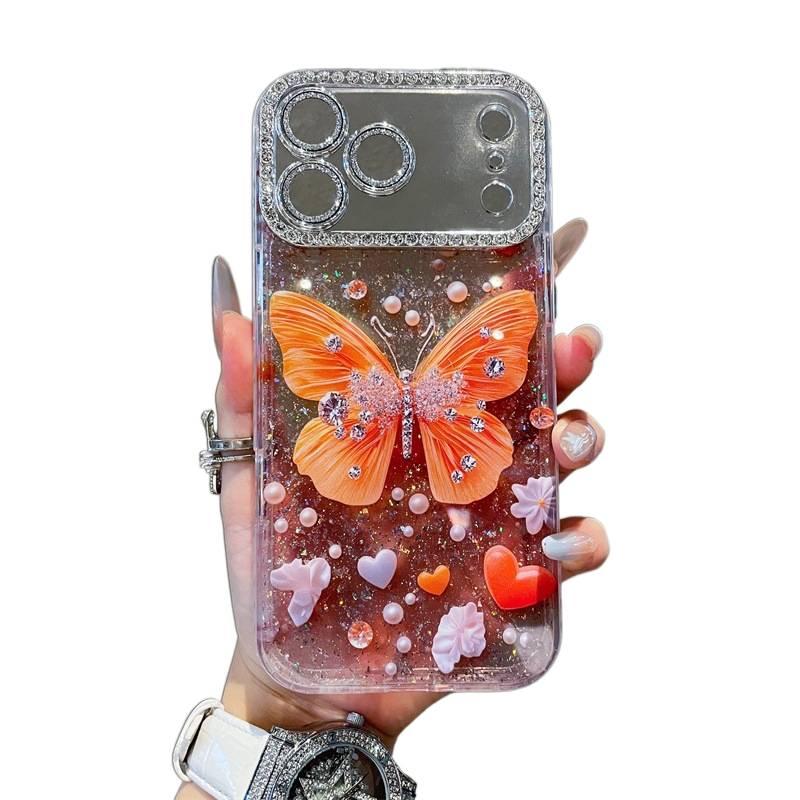 iPhone 15 Plus Acrylic Protective TPU + for iPhone 15 15 Plus 15 Pro 15 Pro Max with Crystal Rhinestone and Orange Butterfly Pattern and Full - Image 5