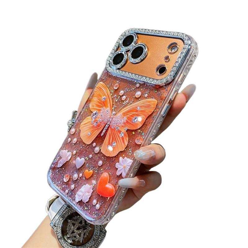 iPhone 15 Plus Acrylic Protective TPU + for iPhone 15 15 Plus 15 Pro 15 Pro Max with Crystal Rhinestone and Orange Butterfly Pattern and Full - Image 3